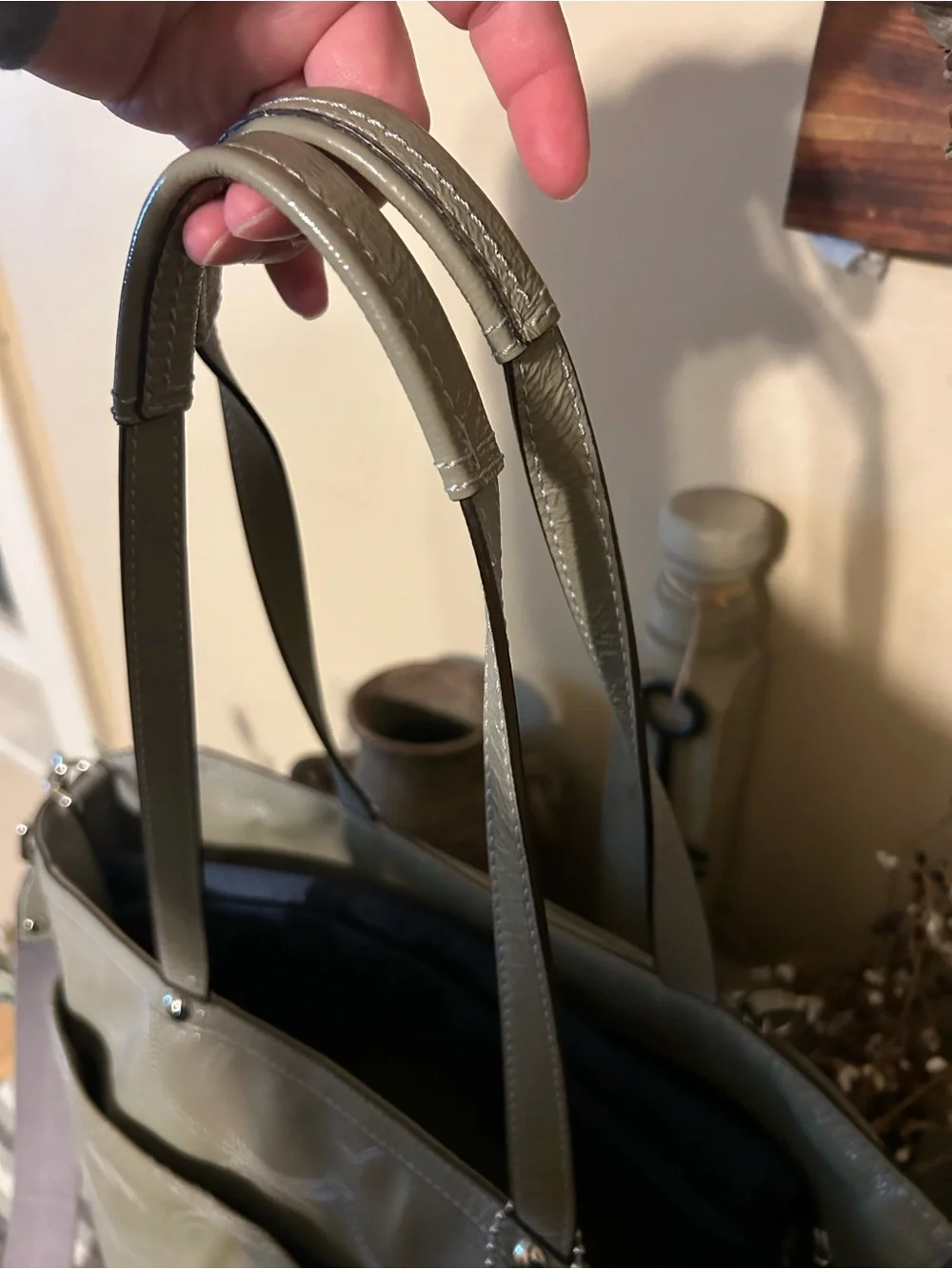 Coach Olive Patent Shoulder Diaper bag with Gray Strap and Changing Pad